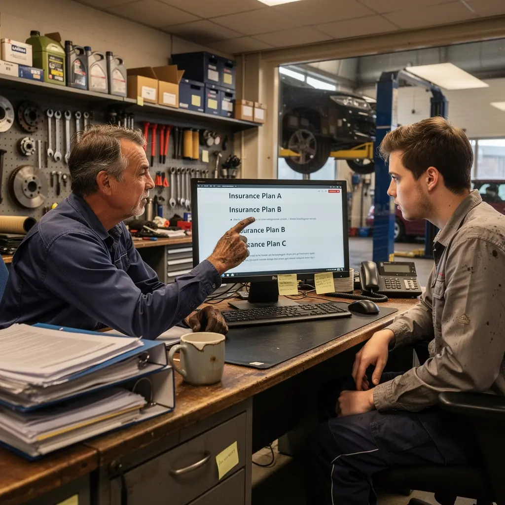 Een afbeelding van een persoon die verschillende autoverzekeringen vergelijkt op een laptop.